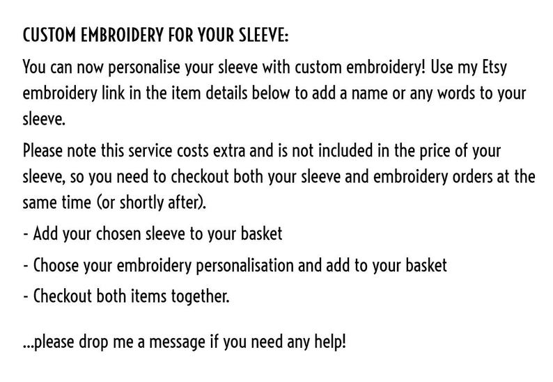 May include: Text on a white background reads "CUSTOM EMBROIDERY FOR YOUR SLEEVE:" followed by instructions on how to personalize a sleeve with custom embroidery, including adding a name or words. The text also notes the extra cost.