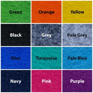 May include: A grid of colorful felt squares, each labeled with a color name in white text. Colors include green, orange, yellow, black, grey, pale grey, blue, turquoise, pale blue, navy, pink, and purple.
