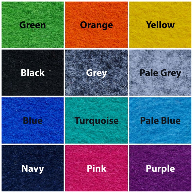 May include: A grid of colorful felt squares, each labeled with a color name in white text. Colors include green, orange, yellow, black, grey, pale grey, blue, turquoise, pale blue, navy, pink, and purple.
