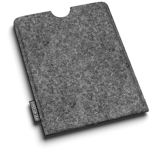 May include: A gray felt tablet sleeve with a curved top cutout. The sleeve has a rectangular shape and a small tag with the text "EMERSON GRAY" on the lower right corner. The felt material has a textured appearance.