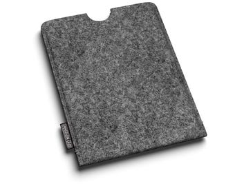 May include: A gray felt tablet sleeve with a rectangular shape and a curved cutout at the top. The sleeve has a textured surface and a small black tag with white text that reads "EMERSON GRAY".