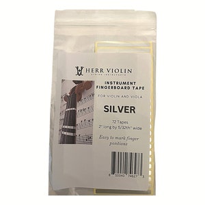 以下が含まれることがあります： バイオリンとビオラ用のHerr Violin楽器指板テープのパッケージ。ラベルには「SILVER」と書かれており、72本のテープがあり、各テープの長さは5.08cm、幅は0.4cmです。テキストには「指の位置を簡単にマークできます」とも書かれています。