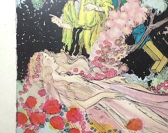 Original 1924 John R. Neill Oz Print – Sleeping Maiden Illustration – Grampa in Oz Color Plate – Vintage Fantasy Art