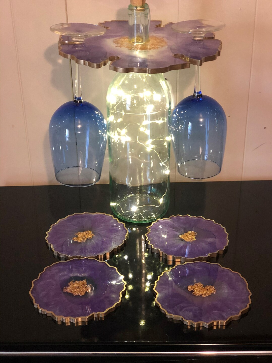 Handmade Epoxy Resin Wine Glass Holder Set With Matching Coasters Etsy