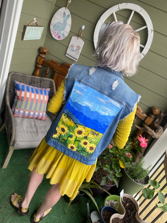 jean jacket vest sunflowers