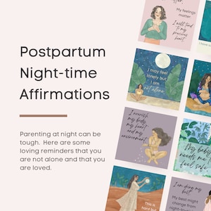 Pode incluir: Um conjunto de cartões de afirmação ilustrados para cuidados pós-parto. Os cartões apresentam ilustrações de mulheres e cenas da natureza, com frases como "Eu não estou sozinha" e "Meus sentimentos importam". O texto "Afirmações Noturnas Pós-Parto" também é exibido.