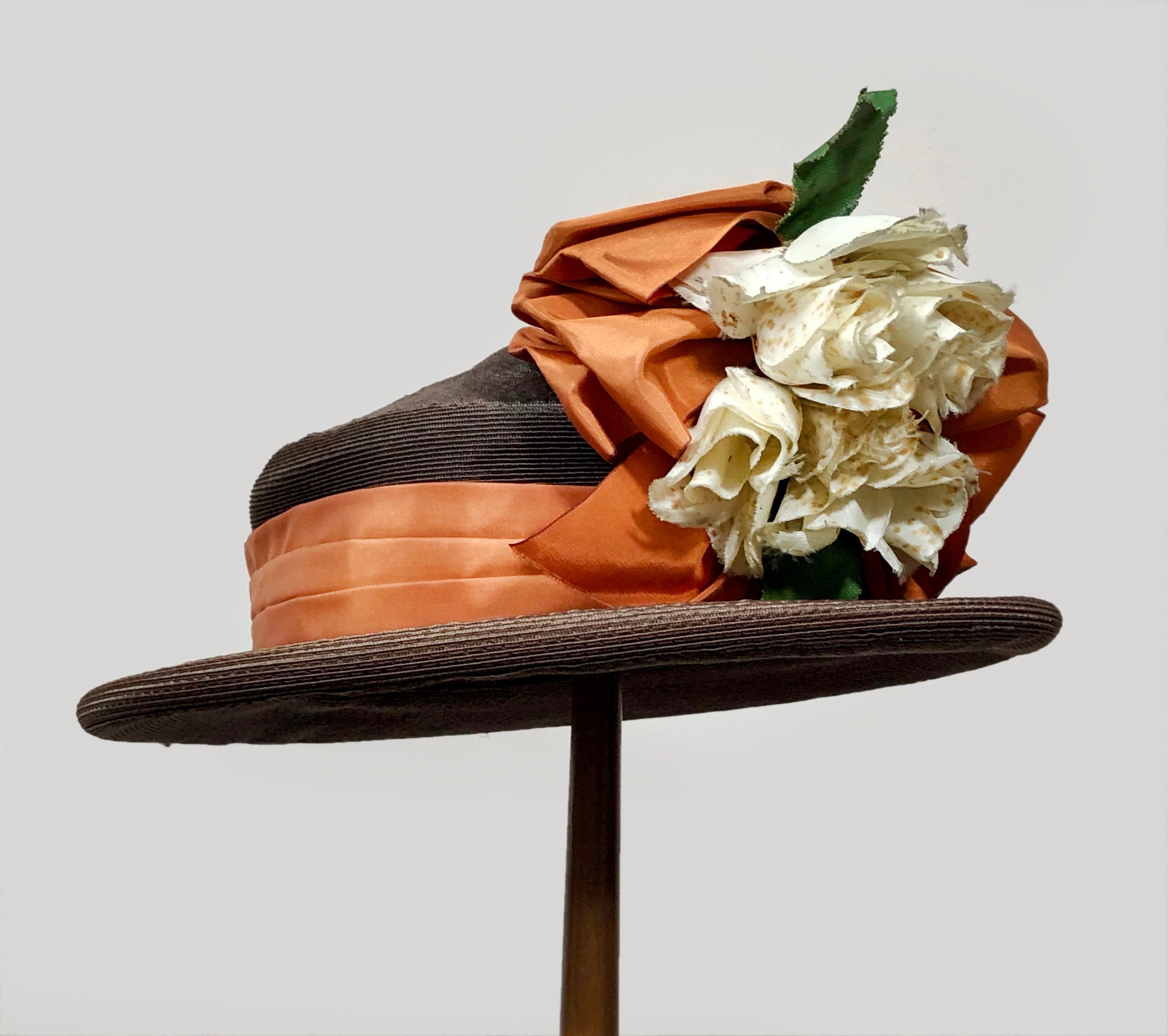 Antique Early 20th Century Straw Rolled Brim Boater Hat Brown Flower Floral Orange Vintage Mary Poppins