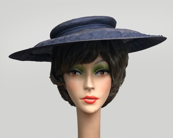 Vintage 1940's Open Crown Wide Brim Navy Straw Platter or Halo hat