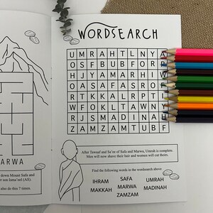 May include: A black and white printable worksheet with a word search puzzle. The puzzle features words related to the Islamic pilgrimage, such as Umrah, Makkah, and Safa. The worksheet also includes a small illustration of a person in traditional Islamic clothing.