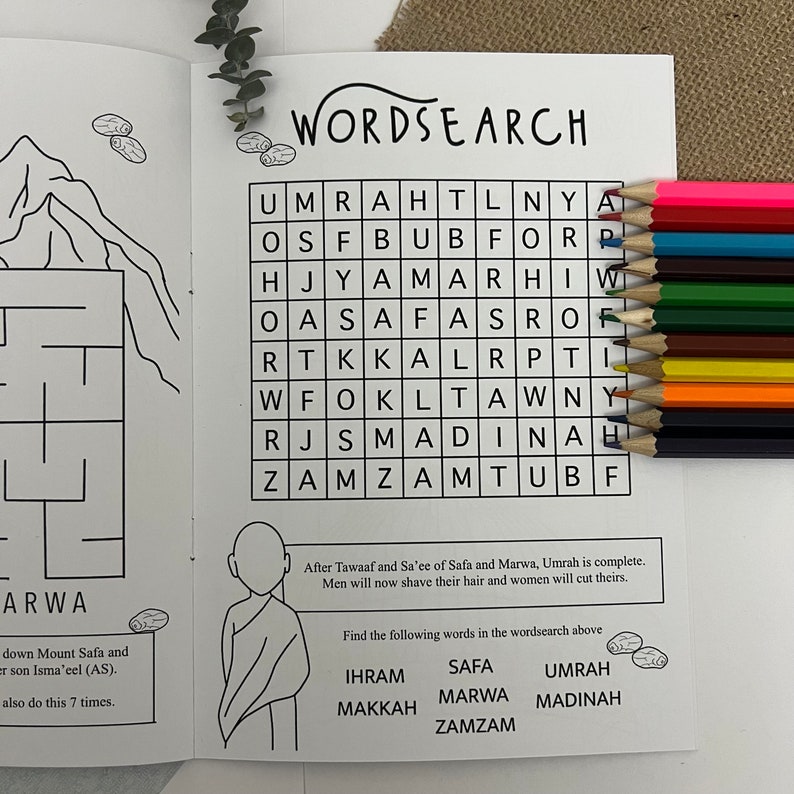 May include: A black and white printable worksheet with a word search puzzle. The puzzle features words related to the Islamic pilgrimage, such as Umrah, Makkah, and Safa. The worksheet also includes a small illustration of a person in traditional Islamic clothing.