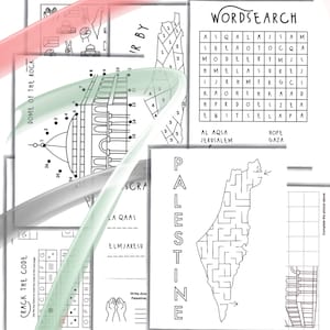 May include: Black and white printable worksheet with activities related to Palestine. The worksheet includes a word search, a maze, a count by activity, a color by number activity, and a code-cracking activity. The worksheet also includes a map of Palestine.