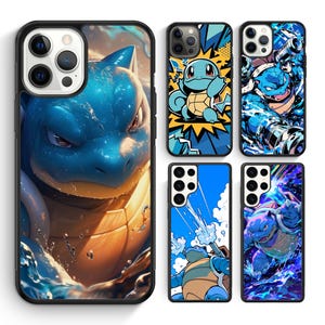 May include: A collection of phone cases featuring various blue and tan Pokemon character designs. The cases showcase different action poses and artistic styles, with a focus on the character's details and dynamic water effects. The cases are black with a glossy finish.