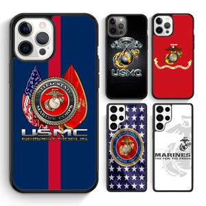 May include: Five smartphone cases featuring United States Marine Corps designs. One case shows the USMC emblem with flags and the text Semper Fidelis. Other cases display the Eagle, Globe, and Anchor emblem, stars and stripes, or the text Marines The Few The Proud.