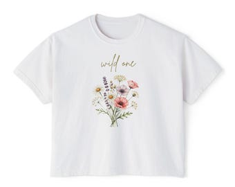 Wild One floral bouquet tee | Women's boxy tee, botanical script design