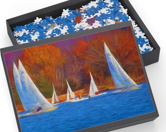 Sailboat Racing in Autumn Puzzle,, Boat lovers Gift, Regatta Jigsaw, Nautical Hobby Activity, Relaxing Entertainment, jigsaw Puzzle 1000 pcs
