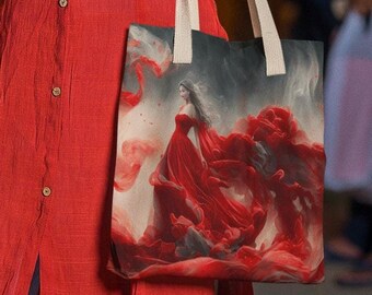 Lady in Red Tote, Dreamy Artistic Design, Elegant Carryall, Enchanting Misty Atmosphere, Valentine's Day Gift