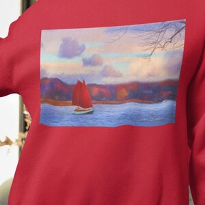 Red Sailboat Sweatshirt,gift for sailboat regatta enthusiasts, lavender sky with clouds,boat lovers gift, warm crew neck sweatshirt, sailing