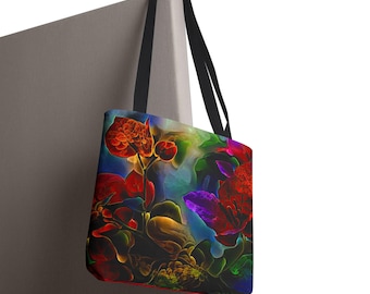 Red Floral Leaf Tote Bag: Vivid Designer Shopping Bag
