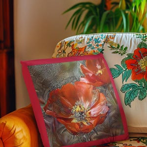 Red Poppy Square Pillow, Designer Floral Home Decor, Country Cottage Garden Lover Gift, Mother&#39;s Day Cushion, Exciting vivacious print