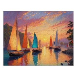 Rainbow Sailboats 1000 piece puzzle, Serene Boat Sunset Puzzle, 252, 500 or 1000 pieces Puzzle, gift for sailboat lover, Sunset Boat Puzzle