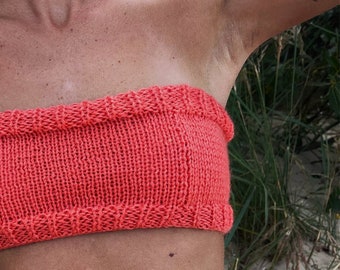 Handmade Beach Top, Sustainable Knitted Top, Knitted Bikini, Trendy Summer Top, Coral Knitted Band, Coral Knit for Women, Coral Beachwear