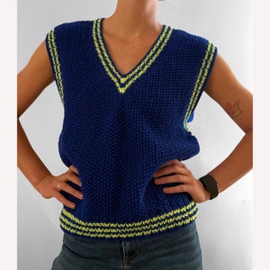 Vintage Blue Knitted Vest, Stylish Handmade Knitwear, V-neck Pullover, Vest for Classy Look, Wool Vest, Harry Styles Vest, Sleevles Vest