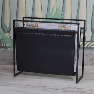 Leather Magazine Rack, Black Leather Book Organiser, Office Furniture, Home Decor, Newspaper Holder
