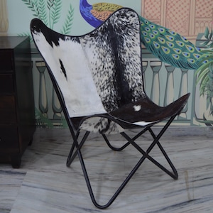 Leather Butterfly Chair, Black And White Hair Leather Cover Folding Chair Knockdown Stand, Easy to Assemble Bedroom Chair
