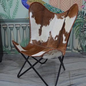 Bruine leren vlinderstoel met kap, bruine en witte leren hoes, boho-loungestoelen boerderijdecor