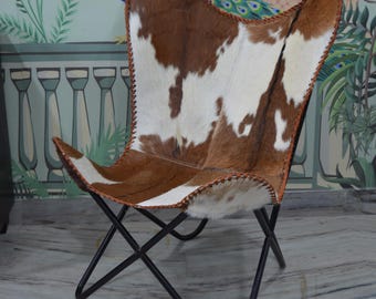Hair-on Hide Leather Butterfly Chair: Brown & White Boho Lounge Seating