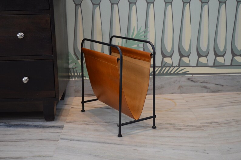 Tan Leather Magazine Rack: Living Room Newspaper & Vinyl Storage - Etsy