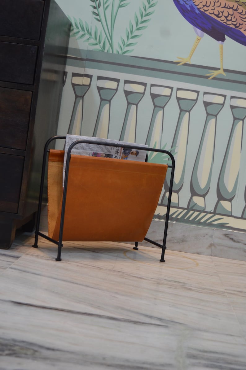 Tan Leather Magazine Rack: Living Room Newspaper & Vinyl Storage - Etsy