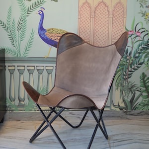 Leather Canvas Butterfly Chair, Brown Canvas Seat Cover With Assemble Type Iron Stand, bedroom Chair, Living Room Chair, Home Furniture