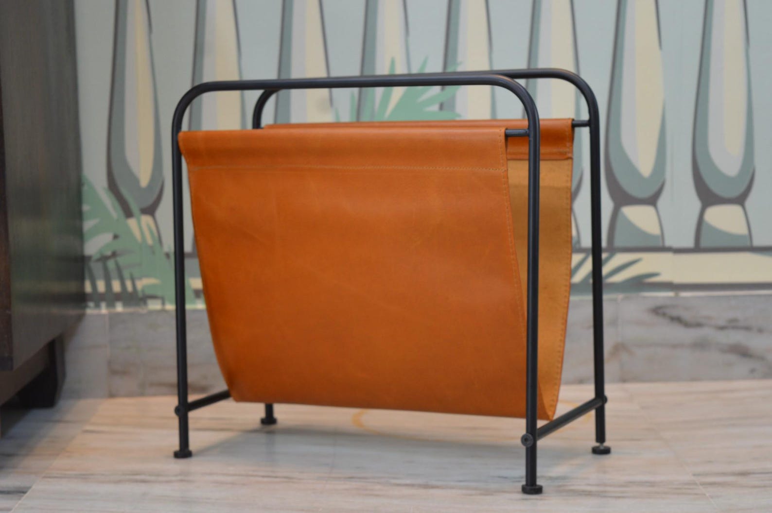 Tan Leather Magazine Rack: Living Room Newspaper & Vinyl Storage - Etsy