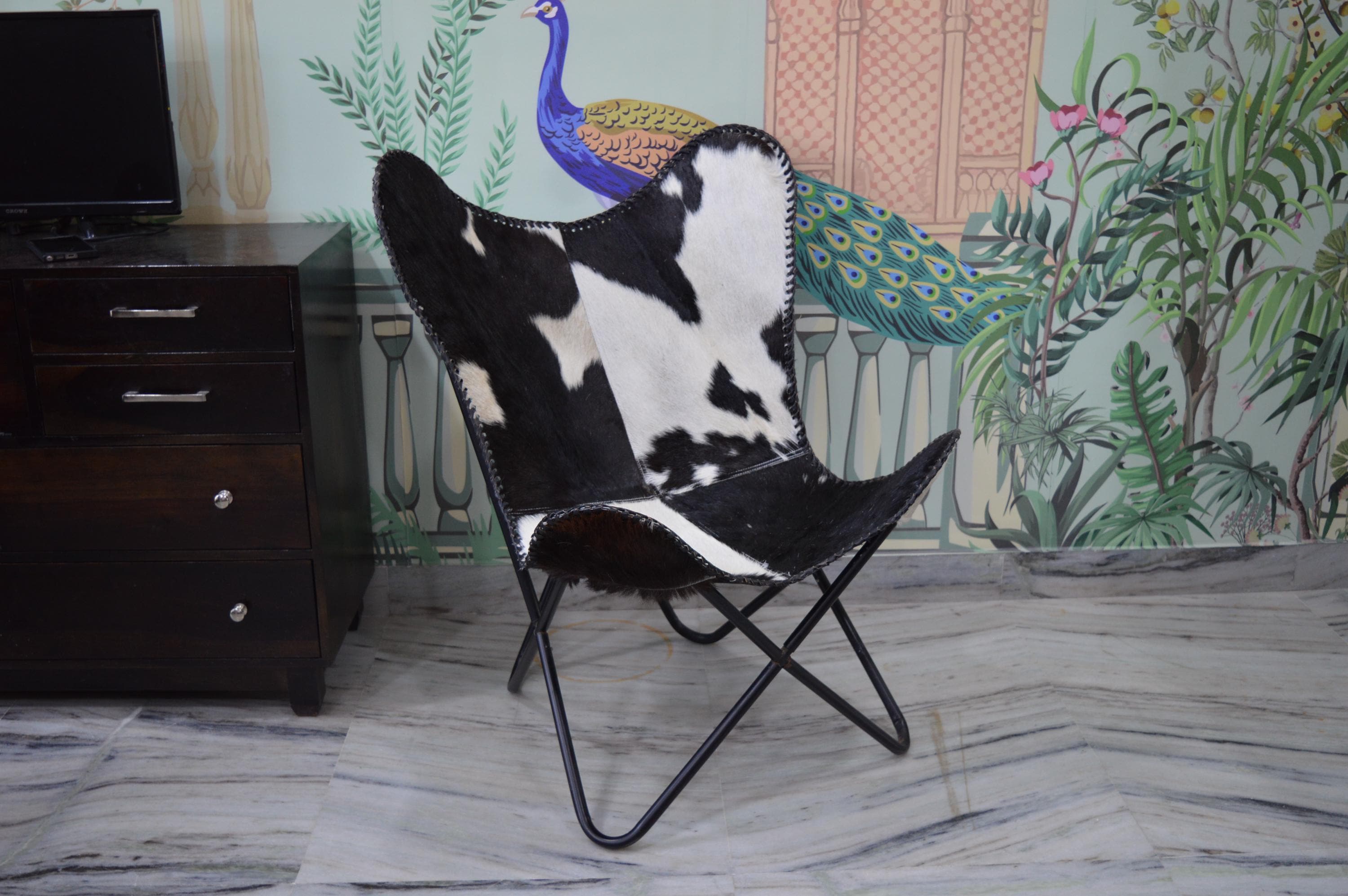 Hair-on Hide Butterfly Chair: Black & White Leather, Boho Decor