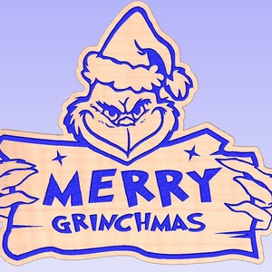 May include: A wooden sign with a blue Grinch holding a sign that says "Merry Grinchmas".