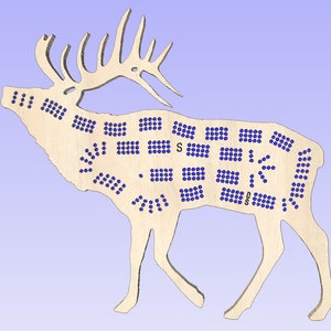 May include: Wooden cutout of an elk with blue dots arranged in a pattern on the body. The elk has large antlers.