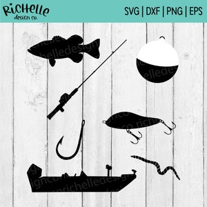 fishing bundle svg, fishing svg, fishing lure svg, fishing bobber svg, bass fishing svg, bass boat svg, fishing silhouette svg, lake svg