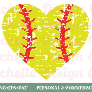 May include: A distressed yellow softball with red stitching in the shape of a heart.