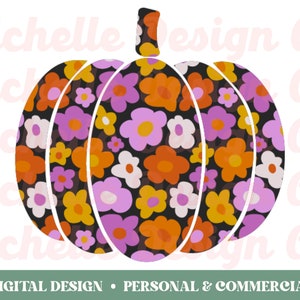 May include: A black pumpkin with a retro floral pattern in shades of orange, pink, and white. The pumpkin is isolated on a white background.