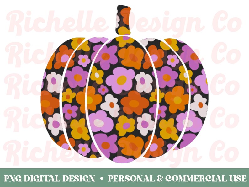 May include: A black pumpkin with a retro floral pattern in shades of orange, pink, and white. The pumpkin is isolated on a white background.