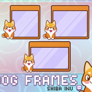 Puede incluir: Tres marcos naranjas con un perro Shiba Inu de dibujos animados asomándose desde el lado izquierdo de cada marco. Los marcos están colocados sobre un fondo azul claro con un patrón de espiral. El texto "DOG FRAMES" está en la parte inferior de la imagen en una fuente pixelada. El texto "SHIBA INU" está debajo de los marcos en una fuente morada con un logotipo de Twitch al lado.