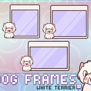 May include: Three digital frames with a cartoon white terrier dog peeking out from the bottom of each frame. The frames are white with a light purple background. The text "DOG FRAMES WHITE TERRIER" is at the bottom of the image.