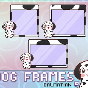 May include: Three digital frames featuring a cartoon Dalmatian dog. The frames are black and white with a spotted pattern. The frames are rectangular and have a purple background. The text "DOG FRAMES" is at the bottom of the image. The text "DALMATIAN" is below the text "DOG FRAMES".