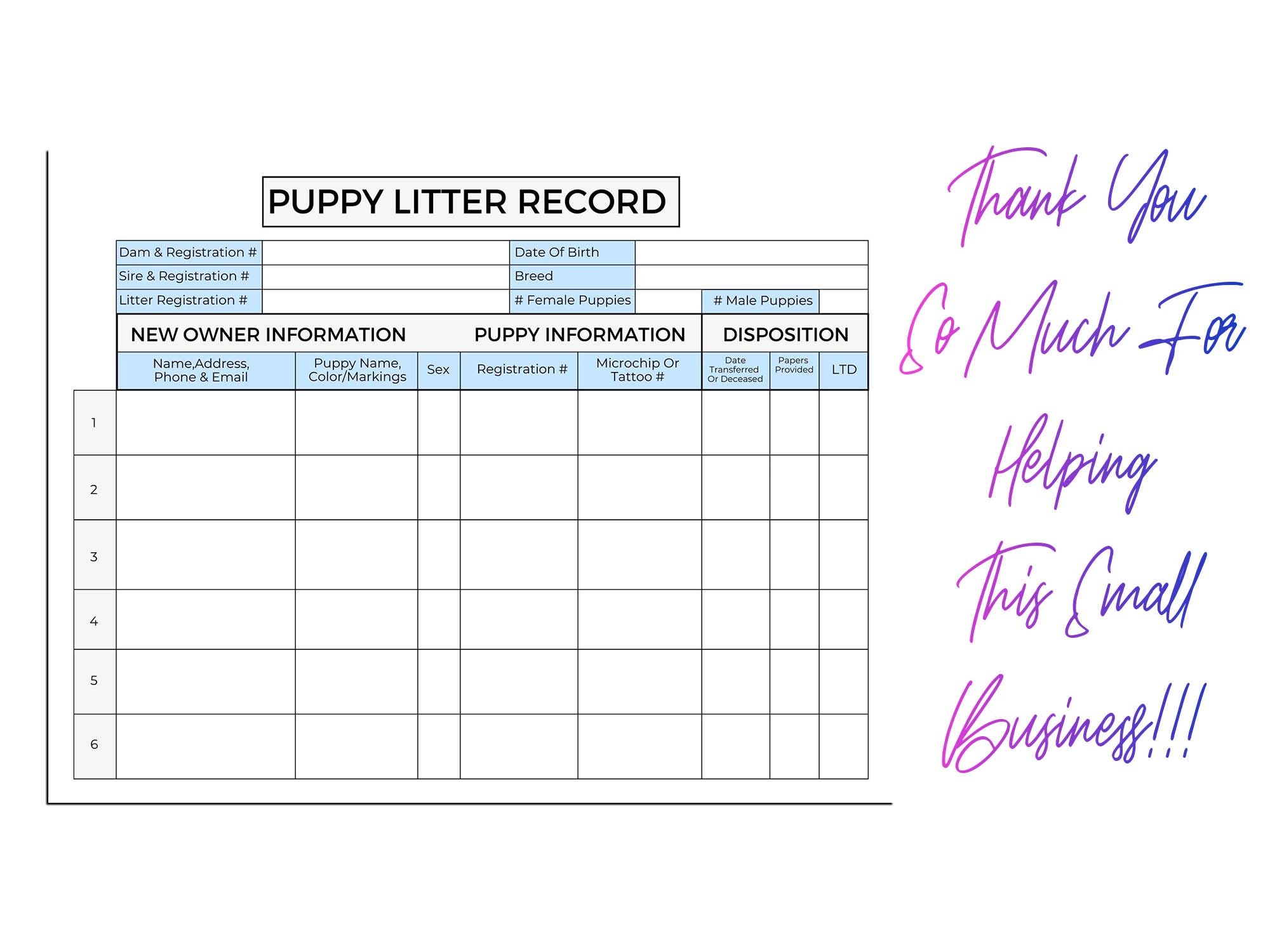 Puppy Litter Record Canva Template US Letter Size Printable PDF