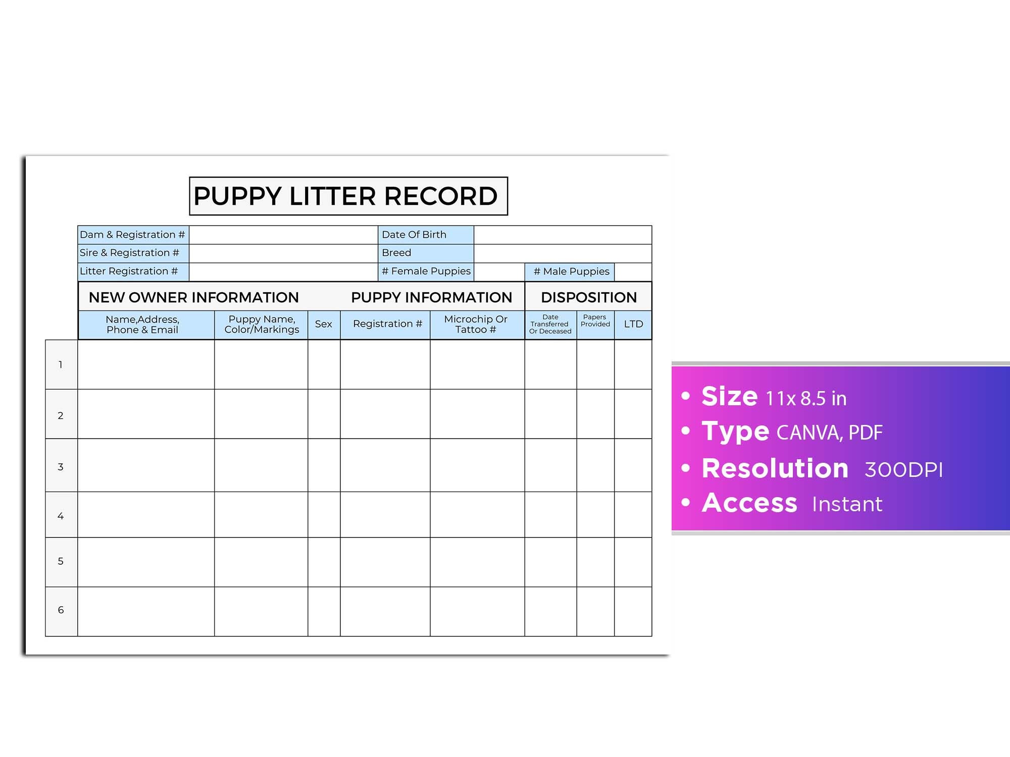Puppy Litter Record Canva Template US Letter Size Printable PDF Editable Instant Download Puppy ...