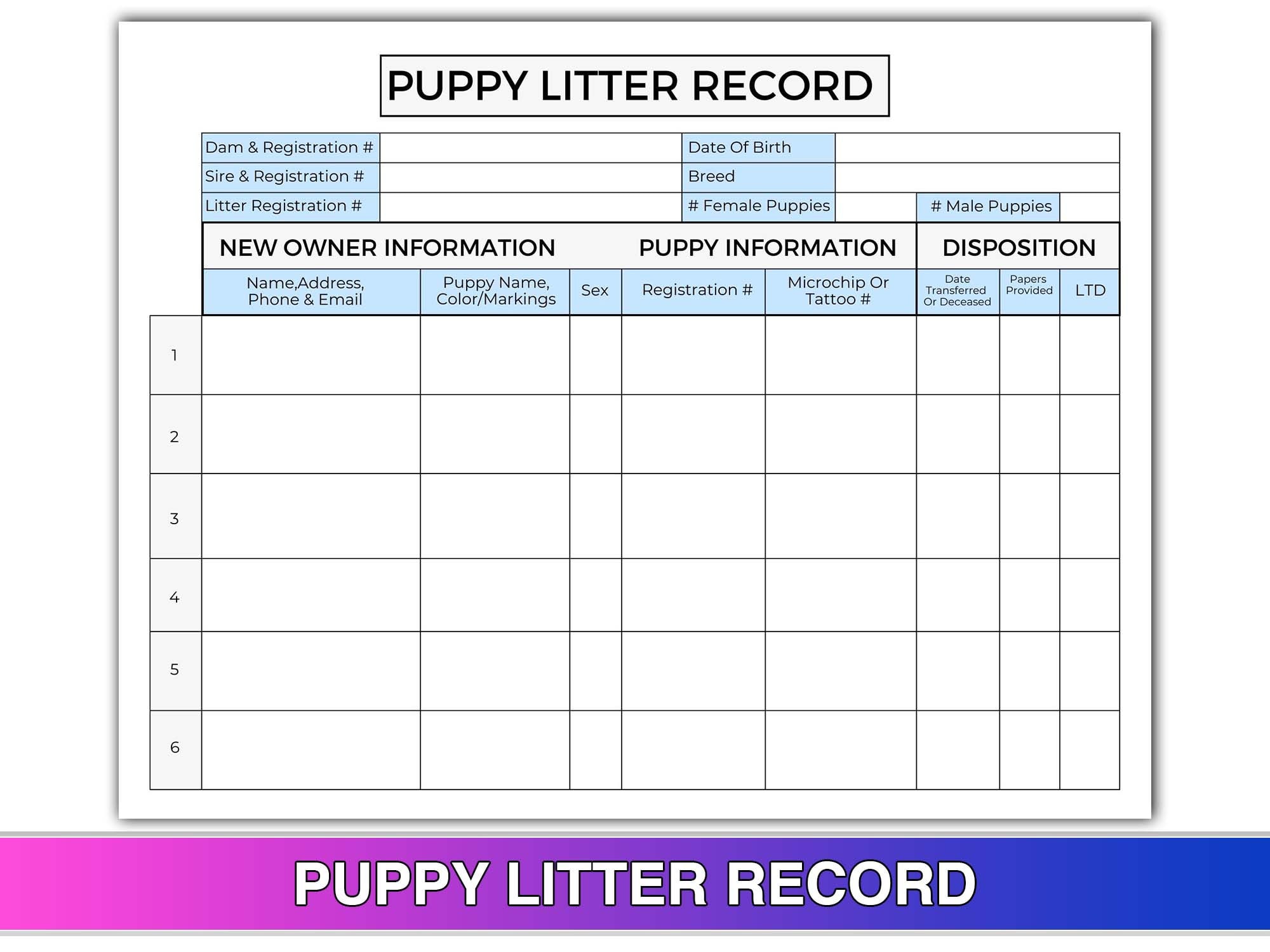 Puppy Litter Record Canva Template US Letter Size Printable Etsy
