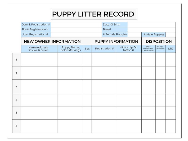 Puppy Litter Record Canva Template US Letter Size Printable PDF Editable Instant Download Puppy ...