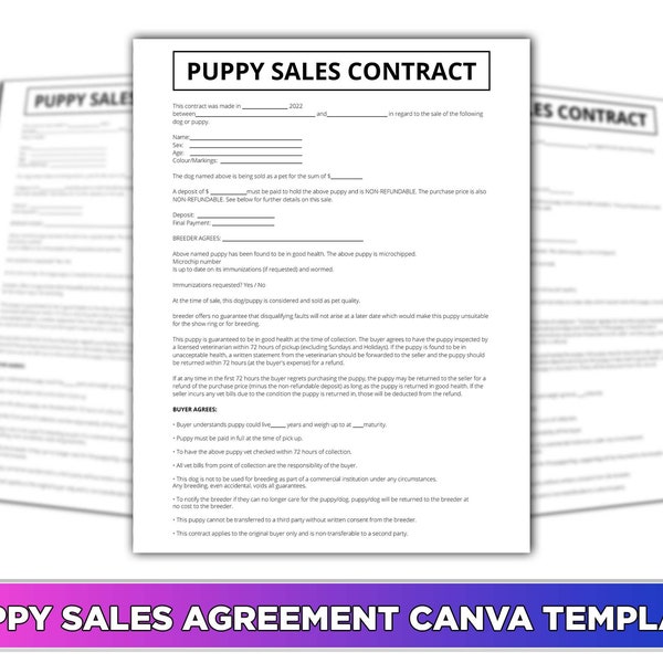 Puppy Sales Contract | Puppy Sales Agreement Canva Template | Printable PDF | Editable | Instant Download | Puppy Paperwork | New Puppy