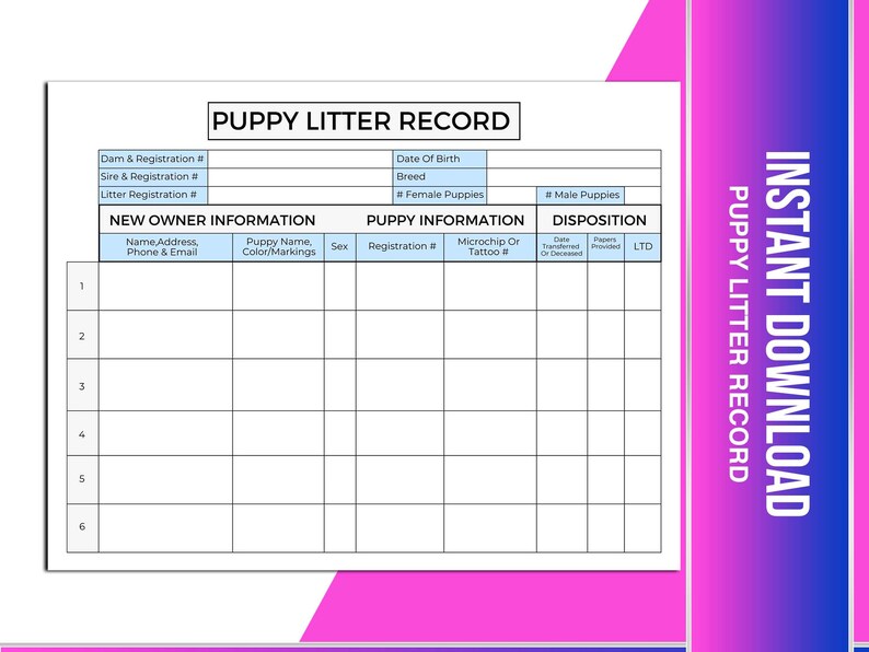 Puppy Litter Record Canva Template US Letter Size Printable PDF Editable Instant Download Puppy ...